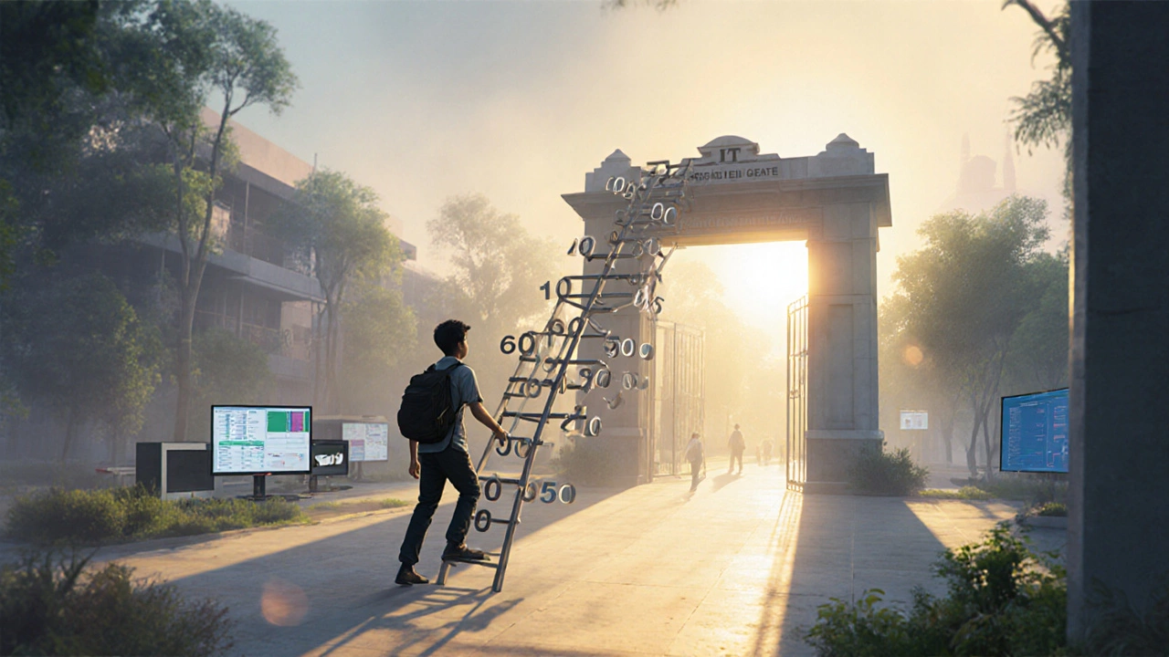 A ladder of rank numbers leading toward an IIT entrance at sunrise.