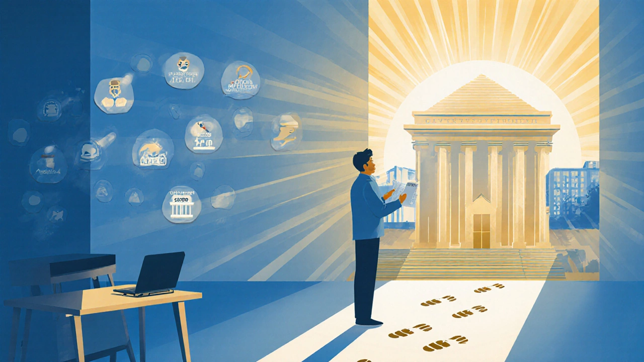 Candidate holding appointment letter walking toward sunrise‑lit government building with symbolic job icons.