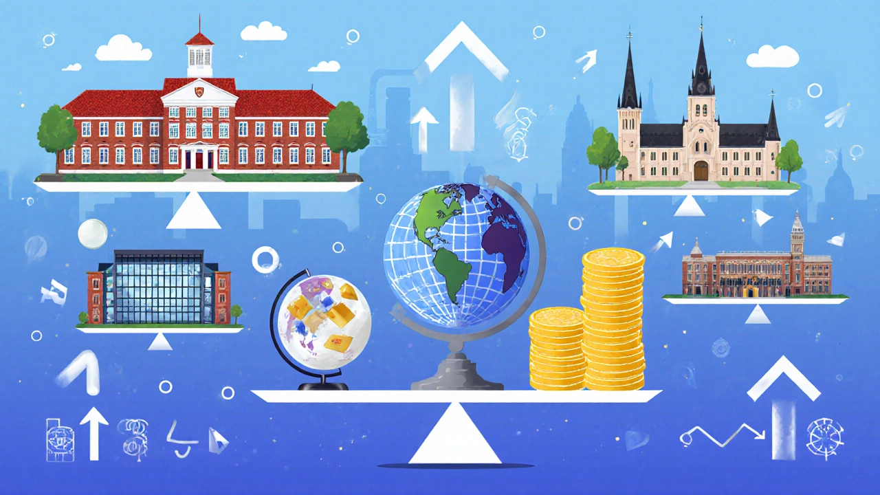 Collage of six MBA campuses with symbols for salary, tuition, and jobs.