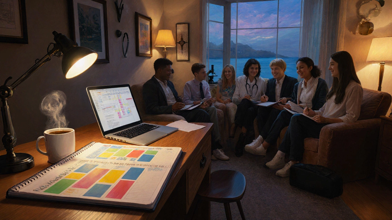 Cozy study nook with planner, coffee, laptop, friends collaborating, plus hints of nursing, engineering and legal career alternatives.