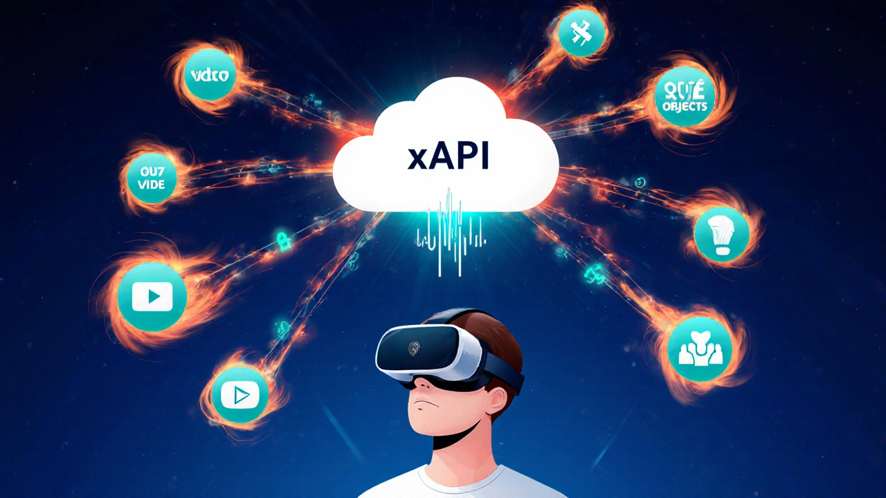 Developer in VR headset with floating data icons flowing into a cloud LRS.
