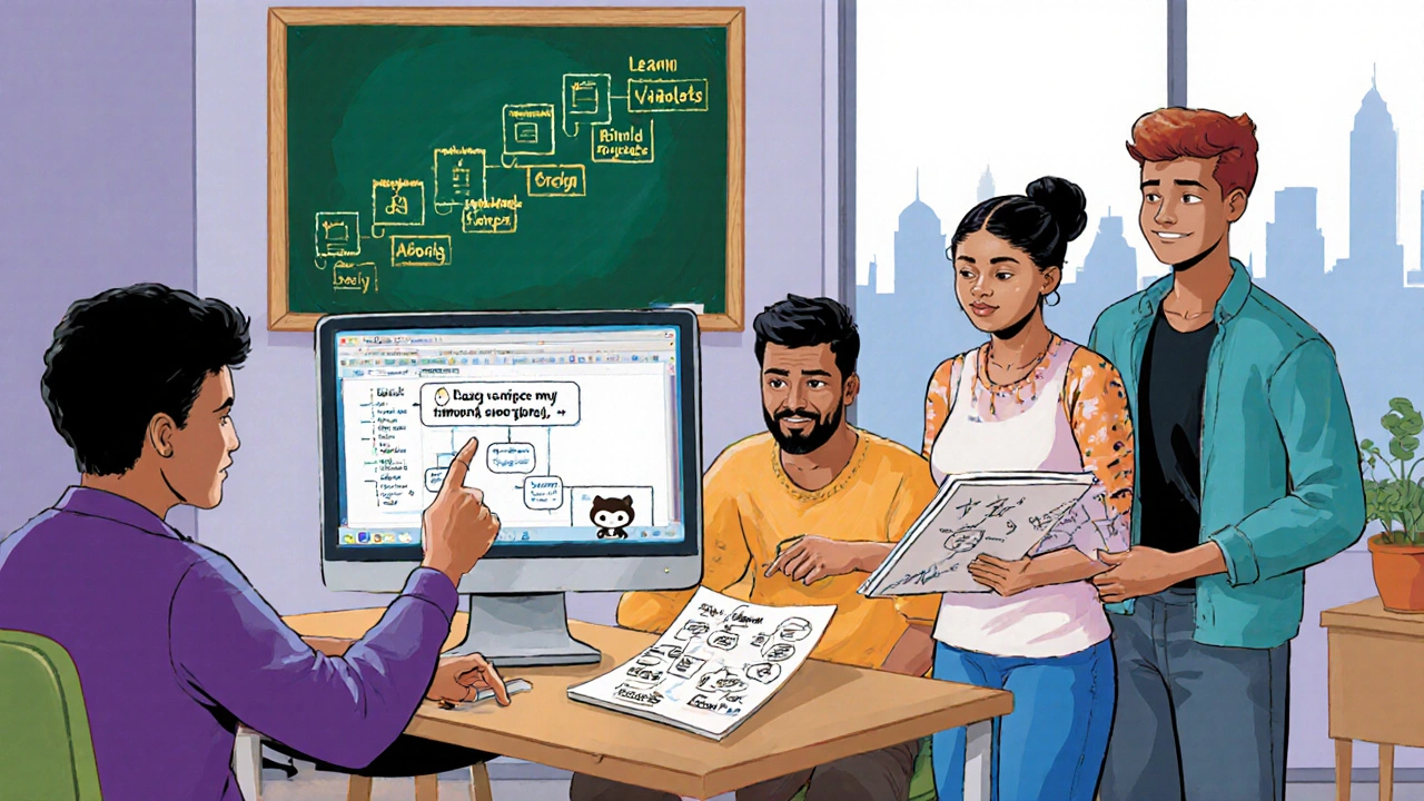 Diverse group of new coders collaborating around a laptop, with a chalkboard of a learning roadmap.