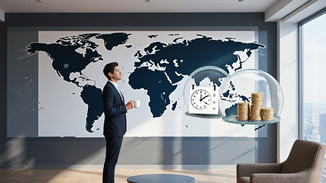 Executive contemplating a world map mural showing MBA durations with a cost‑time scale.