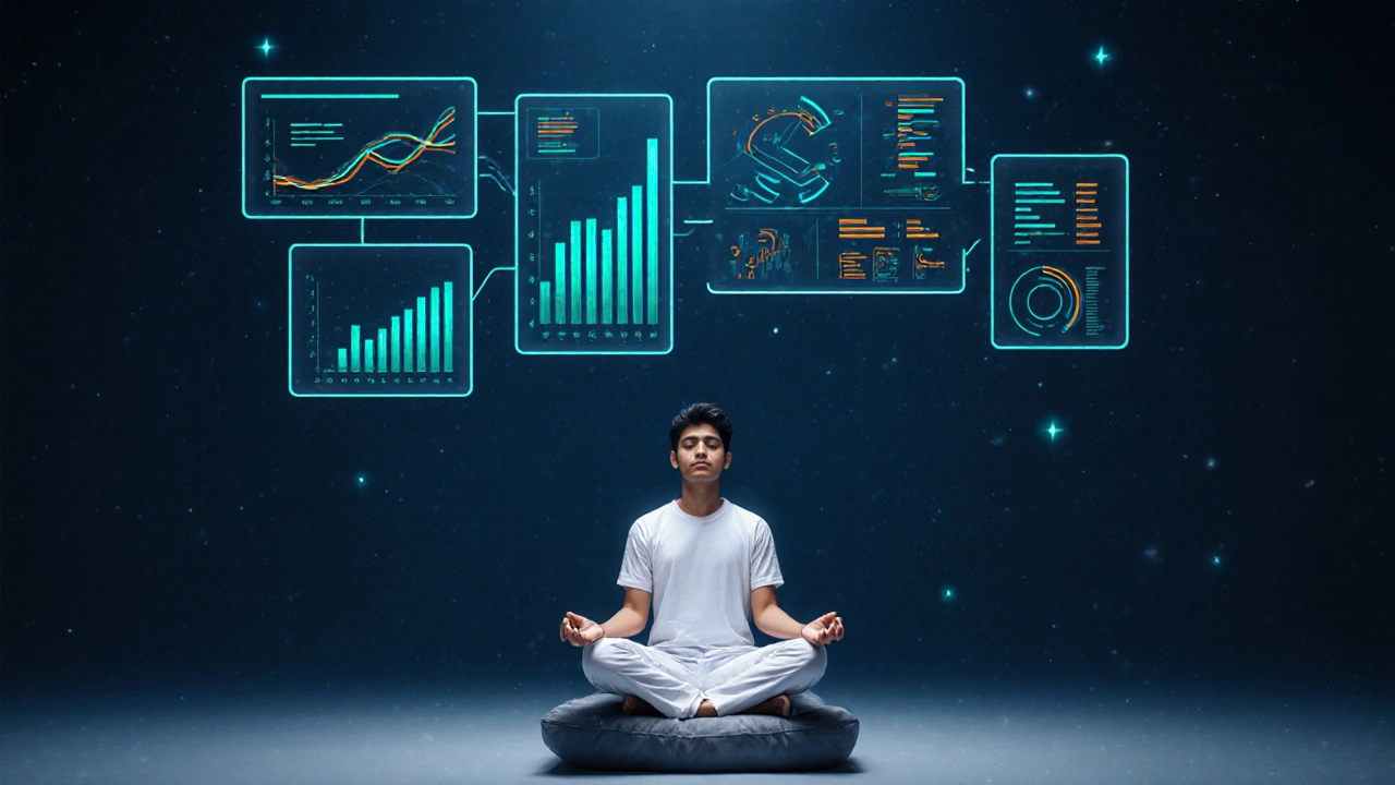 Floating dashboard of abstract progress graphs above a meditating student.
