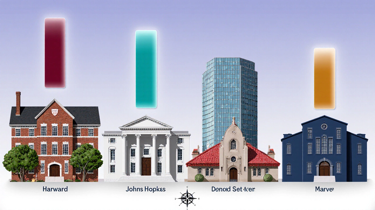Four medical school buildings with glowing bars showing MCAT averages.