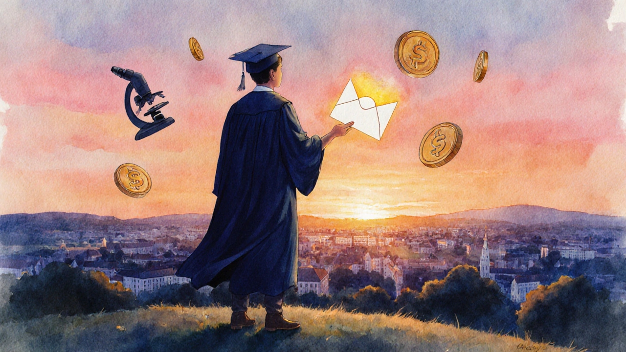 Graduate in robe holding a glowing envelope on a hill at sunrise, symbolizing scholarship.