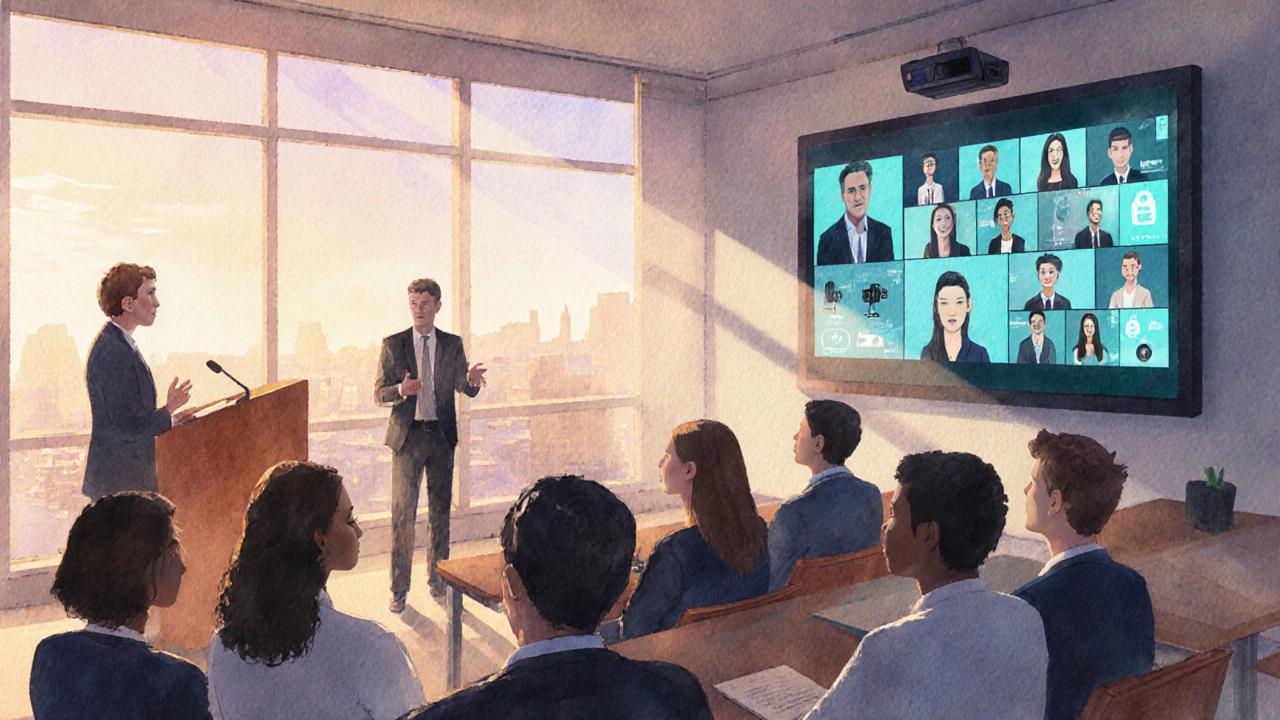 Hybrid classroom scene with in‑person students and online participants displayed on a screen.