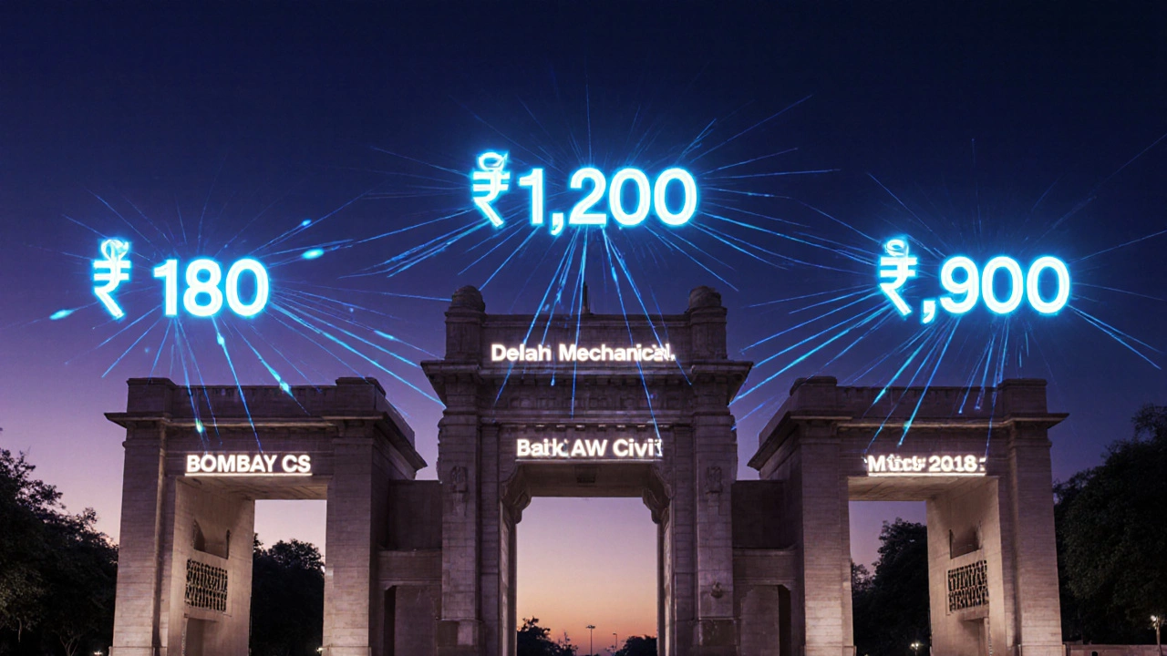 IIT campus gates illuminated by floating rank numbers at dusk.
