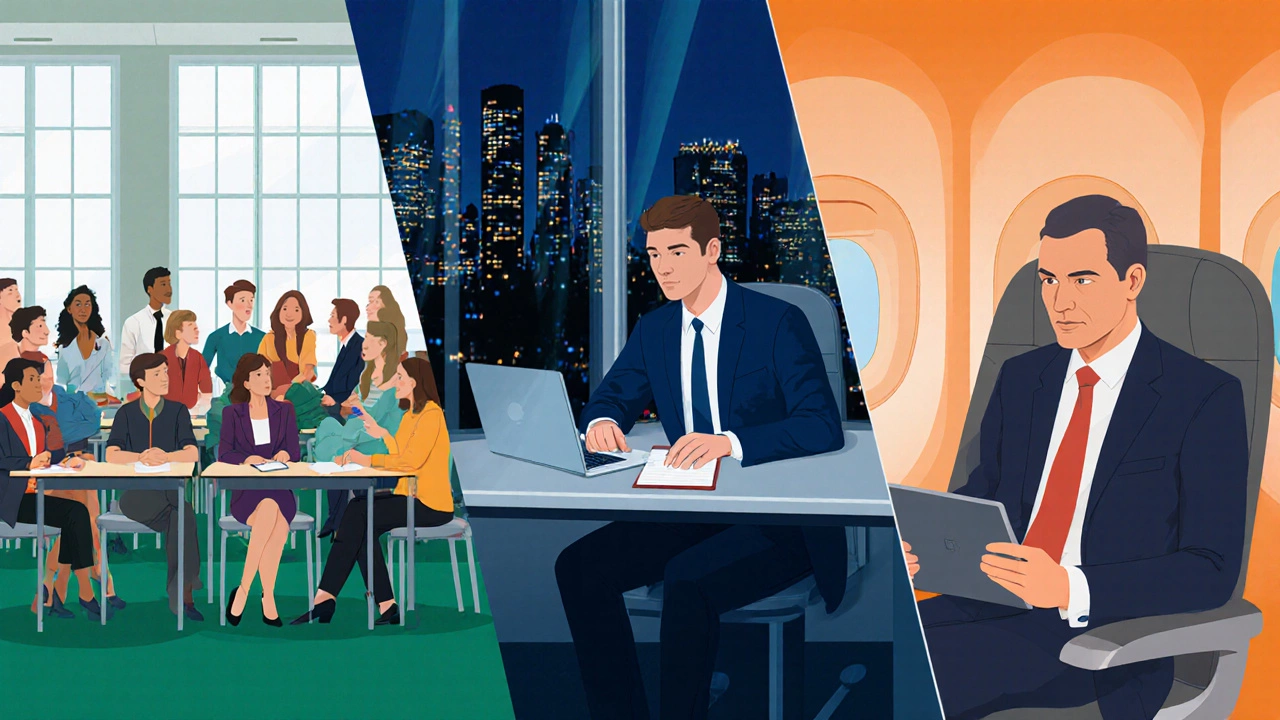 Illustrated trio showing campus, evening boardroom, and executive MBA settings.