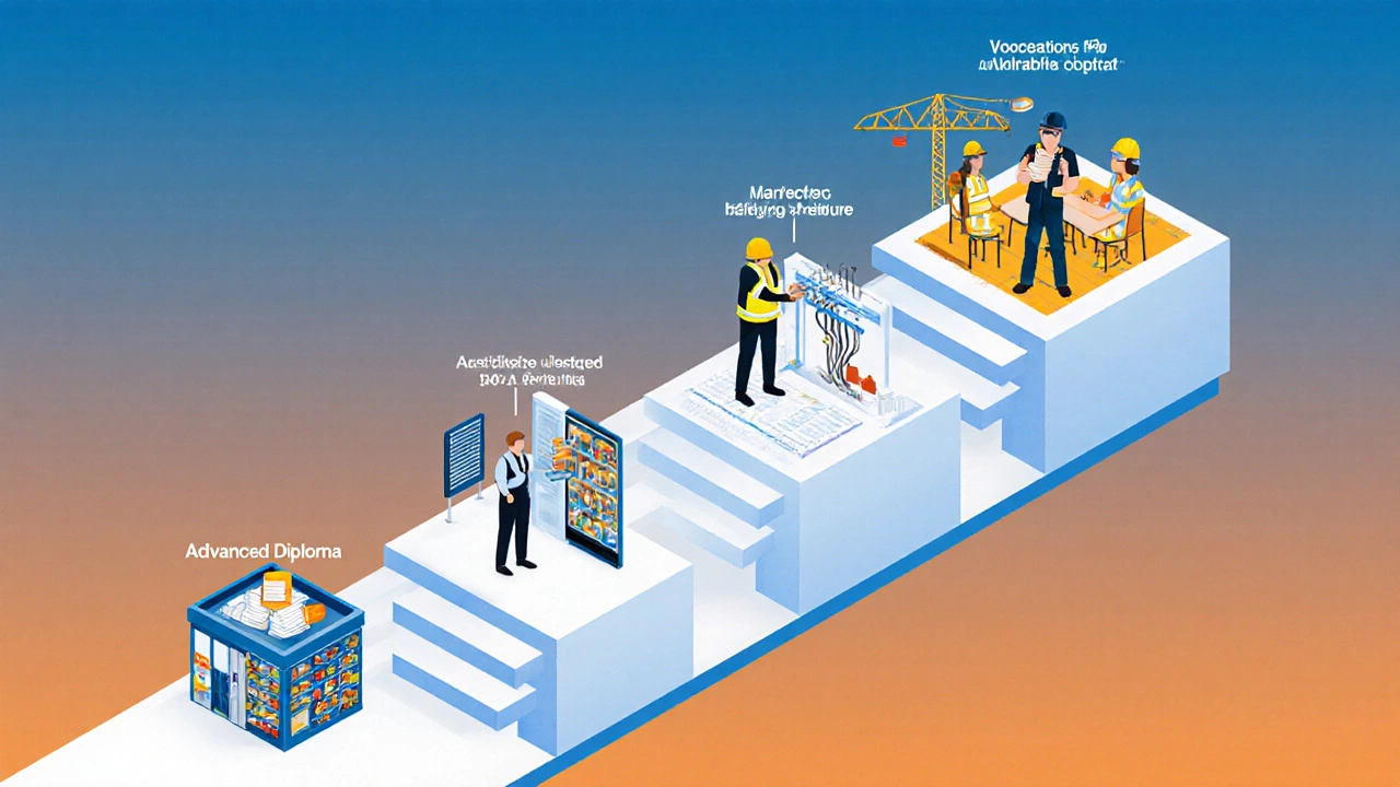 Isometric pathway showing retail, healthcare, construction, apprenticeship, and trainee scenes.