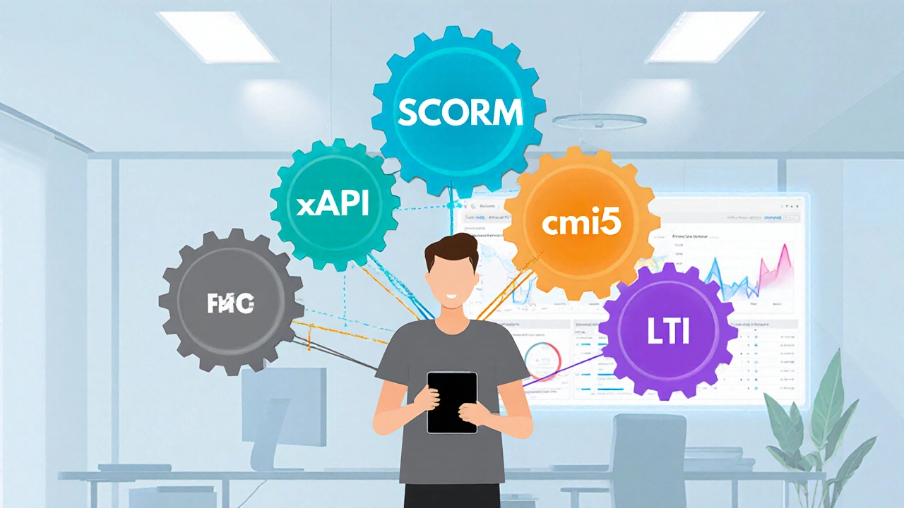 Learning architect overseeing interlocking gears of SCORM, xAPI, cmi5, and LTI.