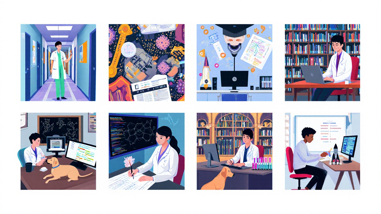 Montage of ten students in demanding fields: medicine, engineering, law, PhD, physics, CS, architecture, veterinary, biochemistry, aerospace.