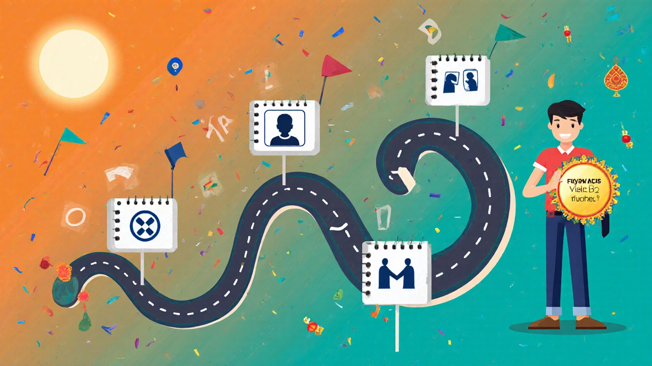 Road-shaped notebook timeline ending with a learner holding a B2 fluency badge.