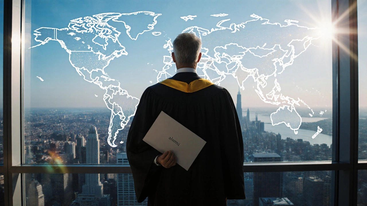 Senior executive holding a diploma in a glass atrium with global network overlay.