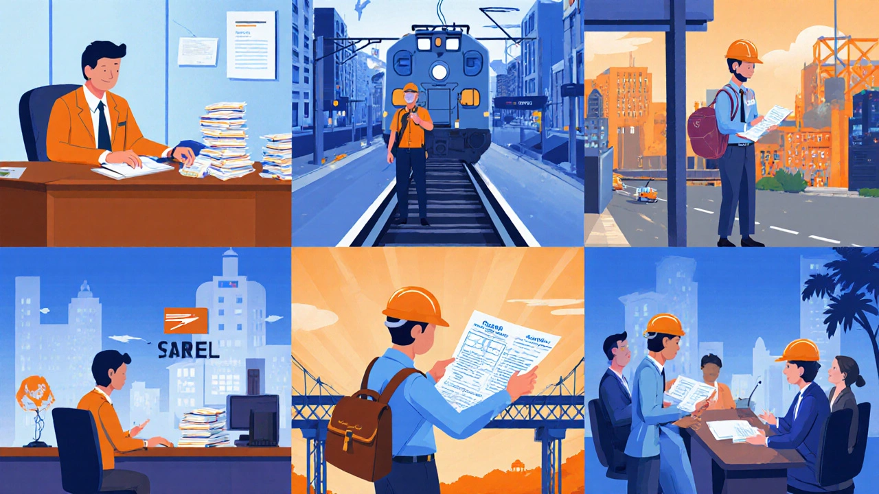 Side‑by‑side scenes of clerk, railway ticket collector, postman, revenue clerk, engineer, and bank PO.