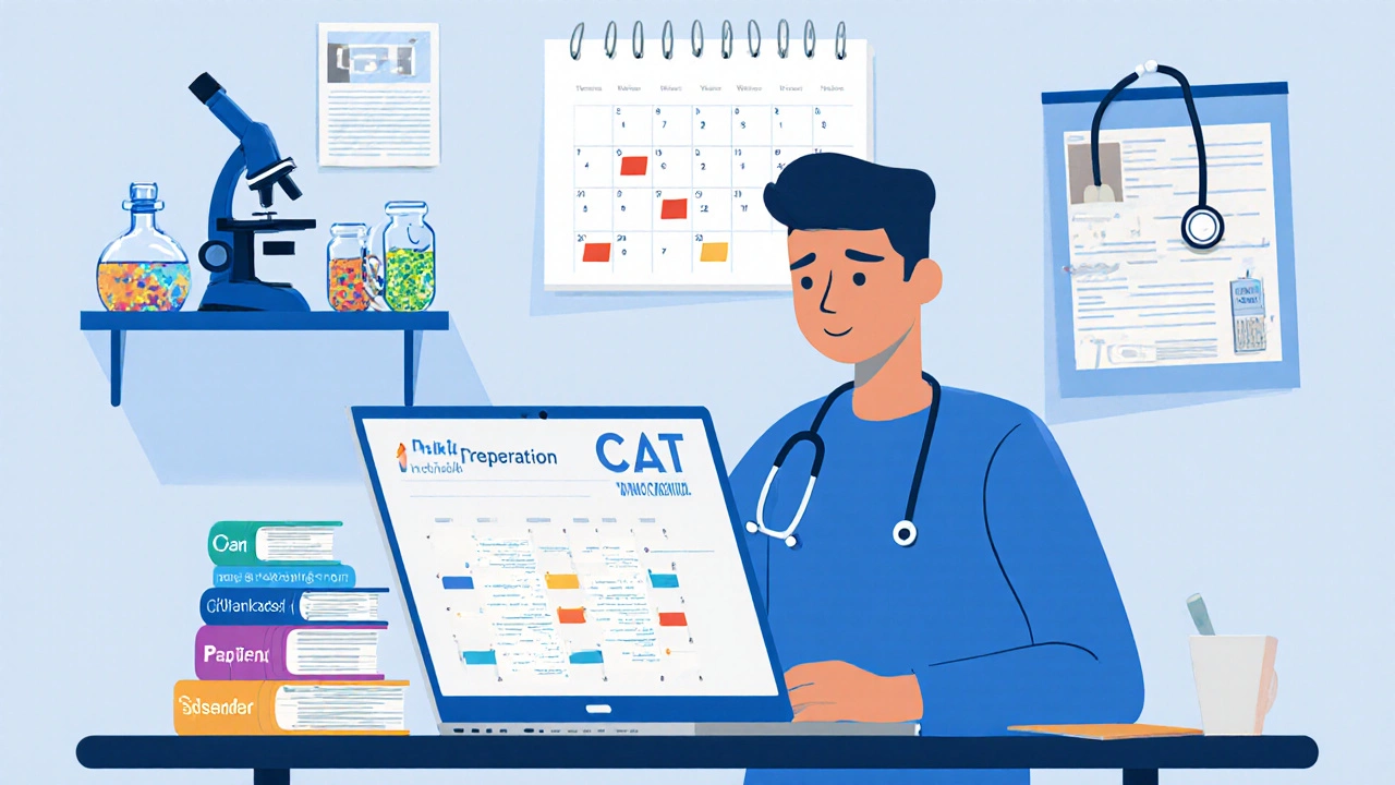 Student balancing MCAT prep, research lab, and volunteer clinic.