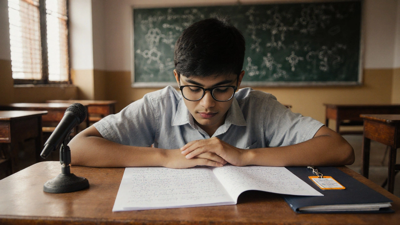Student concentrating on a KVPY exam paper in a bright, quiet exam hall.