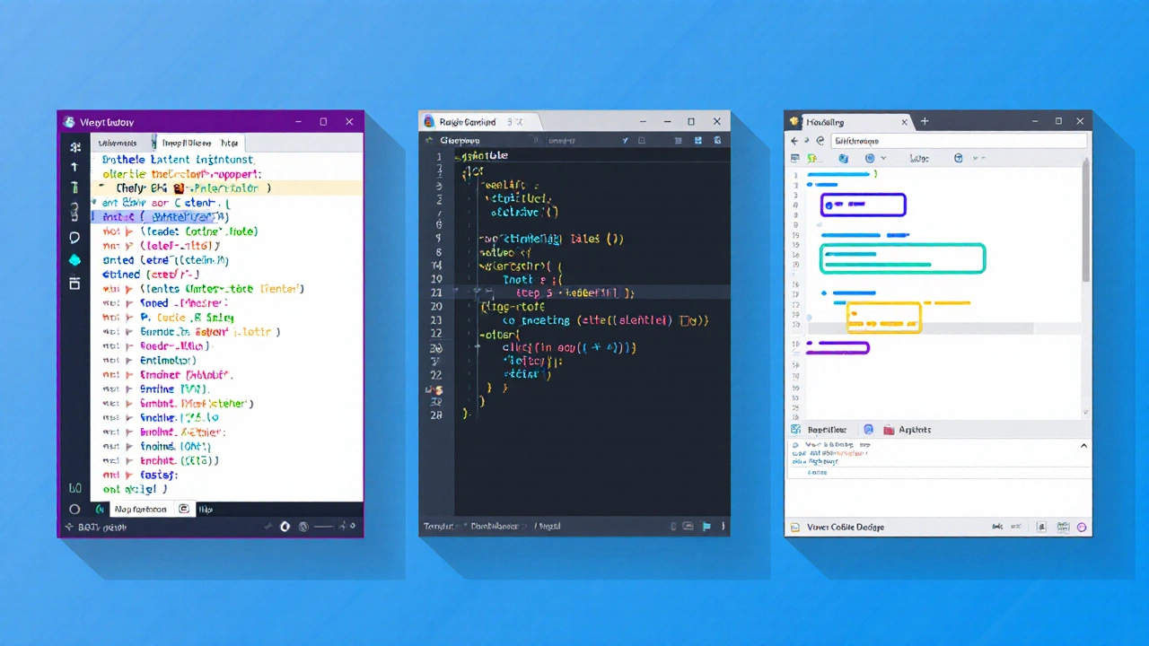 Three IDE windows—VS Code, Thonny, and Replit—shown side by side with highlighted code.