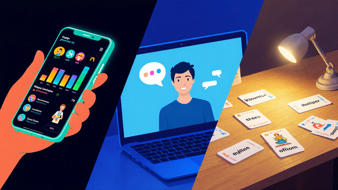 Three-panel illustration of a language app, video tutoring, and flashcards.