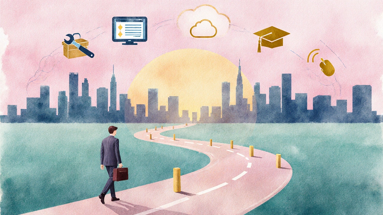 Watercolor road toward sunrise with toolbox, tablet, and cap milestones indicating career growth.